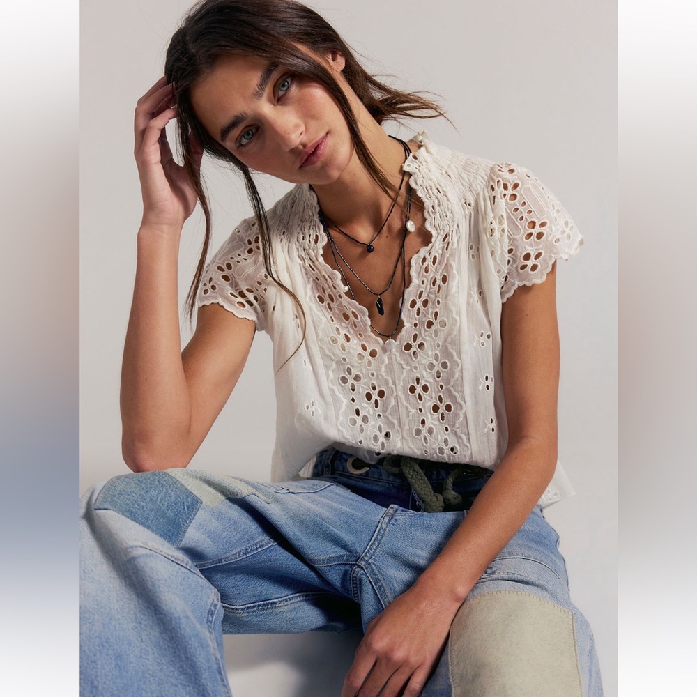 Free People Ivory Eyelet Lace V-Neck Top